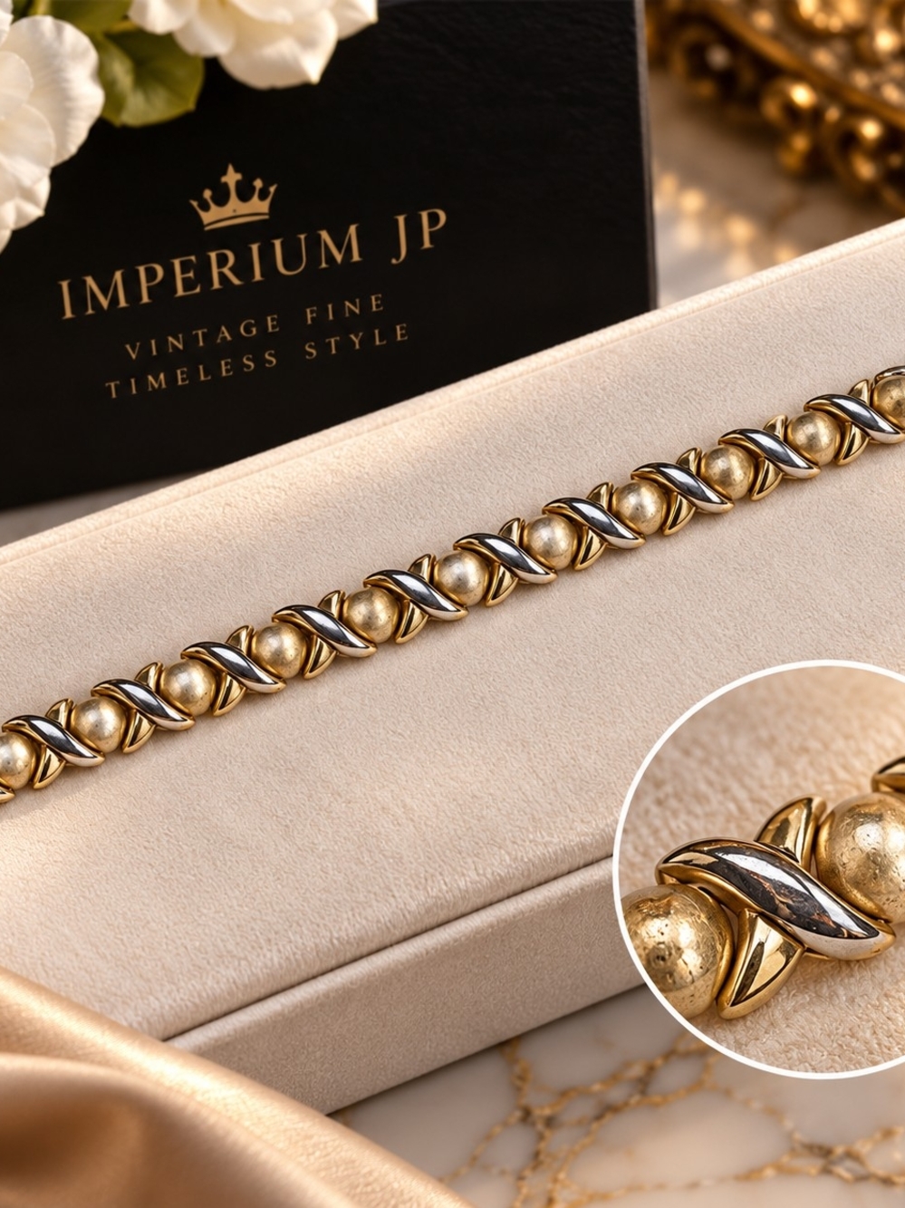 Vintage Style Two Tone Gold Silver Beaded X Link Bracelet